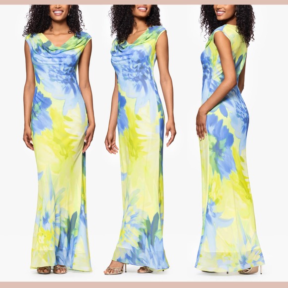 NWD $269 Betsy & Adam [ 8 ] Isabel Chiffon Cowl Neck Gown Citrine Yellow u1554